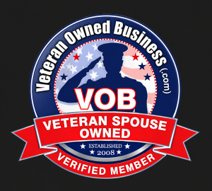 Veteran Owned Business (VOB) badge featuring a red, white, and blue patriotic design, identifying Vital Glow as a disabled veteran spouse-owned business.