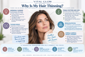 Common causes of hair thinning in women including hormonal changes, female-pattern hair loss, thyroid issues, iron deficiency, stress, illness and weight changes