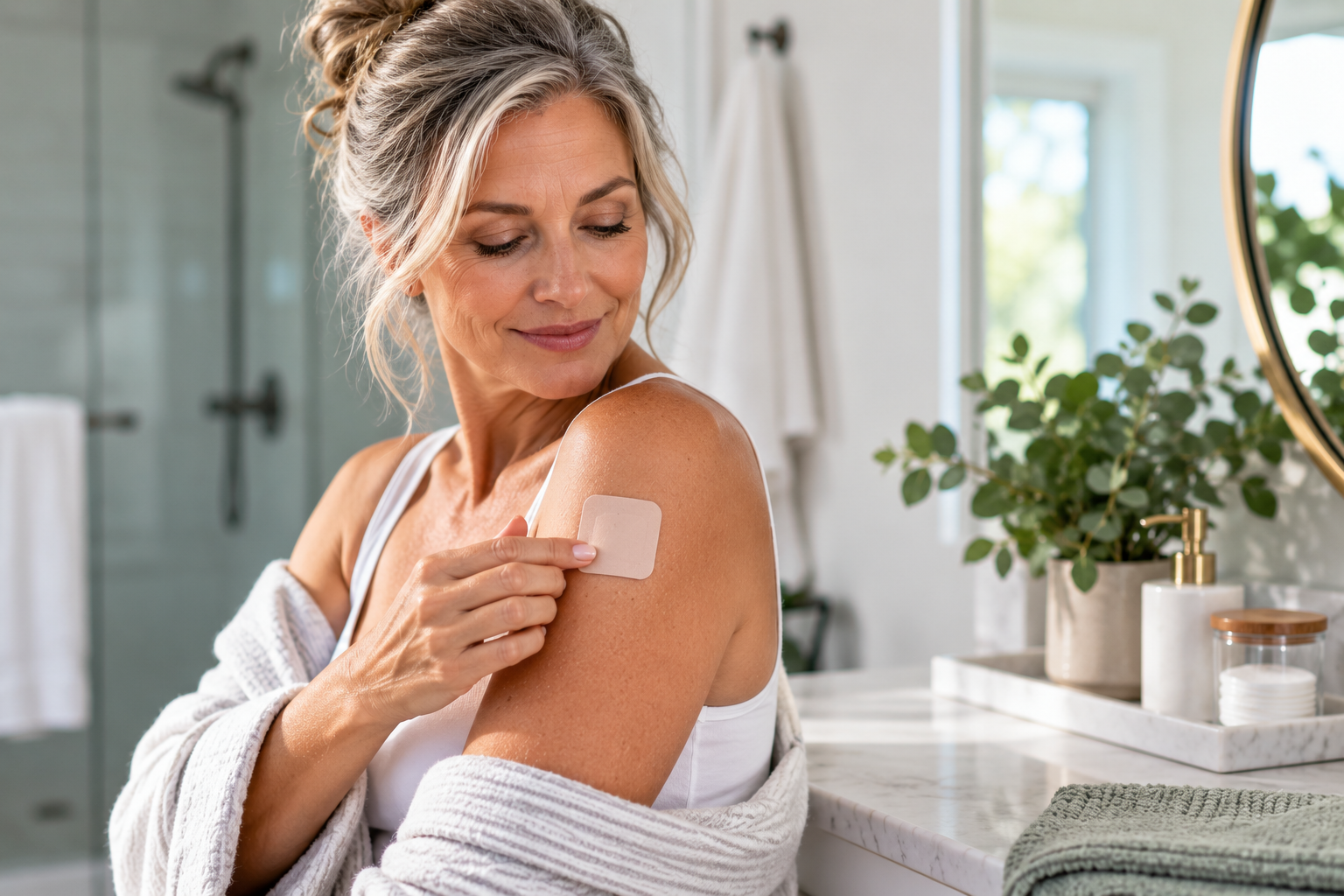 Mature woman applying an estrogen hormone replacement patch to her upper arm, illustrating transdermal estrogen therapy for menopause and perimenopause symptoms.