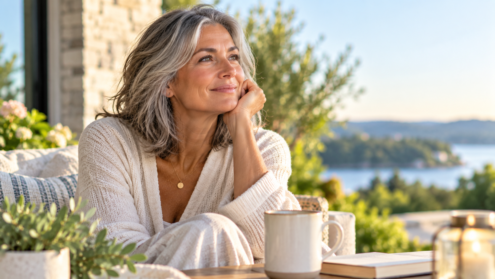 Smiling middle-aged woman with shoulder-length gray hair relaxing outdoors with a cup of coffee, representing well-being and healthy aging during perimenopause and menopause.