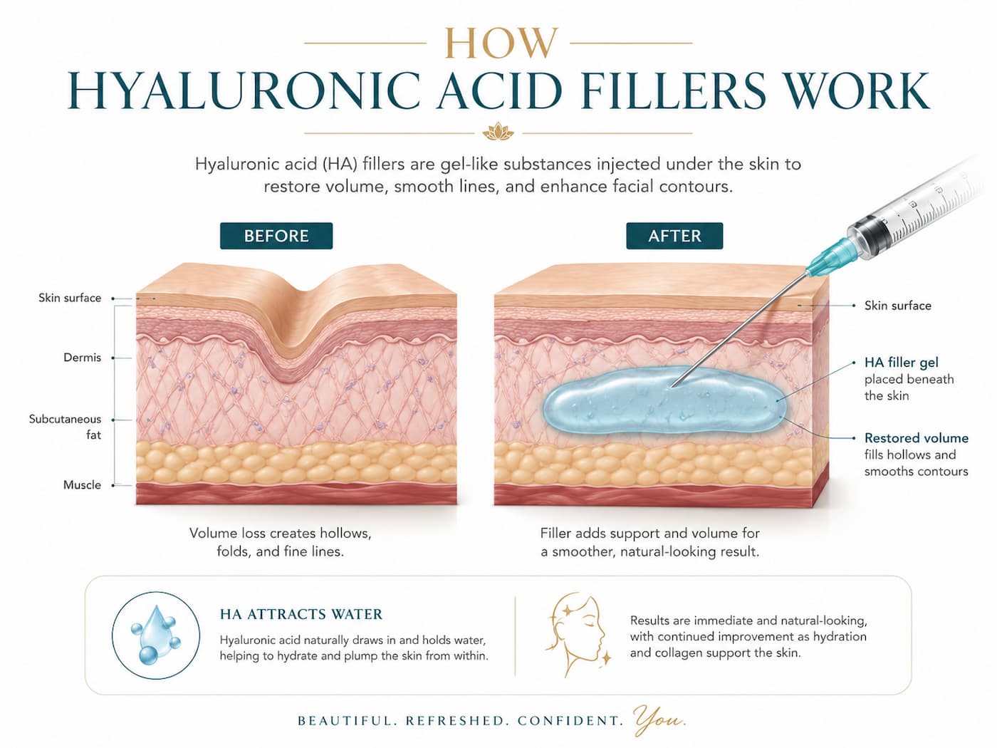 Educational before-and-after illustration showing hyaluronic acid dermal filler injected beneath the skin to restore lost volume, smooth facial folds, and improve skin contours.