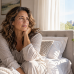 Thoughtful middle-aged woman sitting on her bed near a sunlit window, reflecting on changes in her health and well-being during midlife.