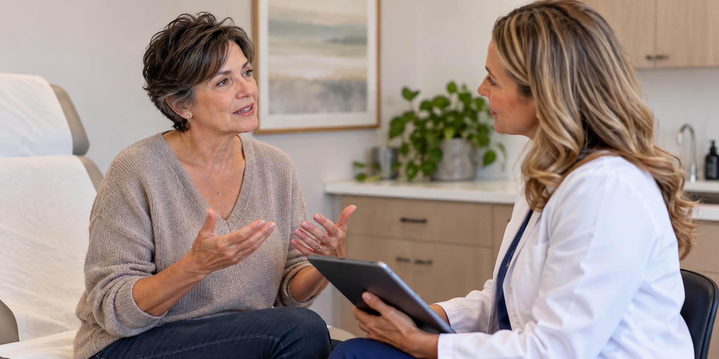 Middle-aged woman discussing her symptoms and health concerns with a female healthcare provider during a personalized hormone replacement therapy consultation.