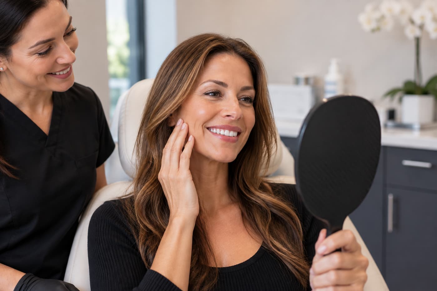 Smiling woman examining her face in a handheld mirror while an aesthetic provider looks on, illustrating a post-treatment consultation and review of cosmetic results.
