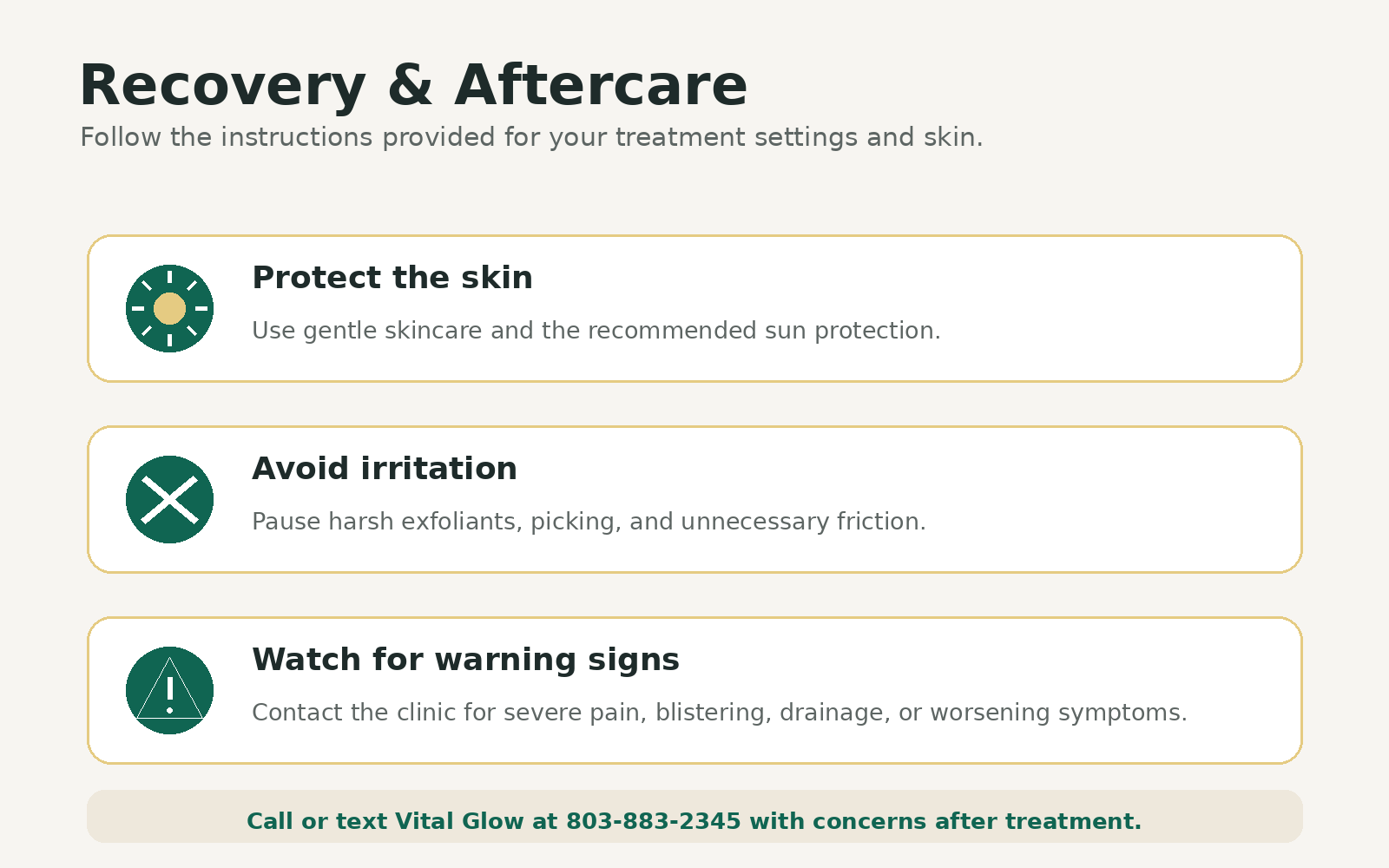 Educational infographic outlining RF microneedling aftercare, including sun protection, gentle skincare, avoiding irritation, and recognizing warning signs that require medical attention.