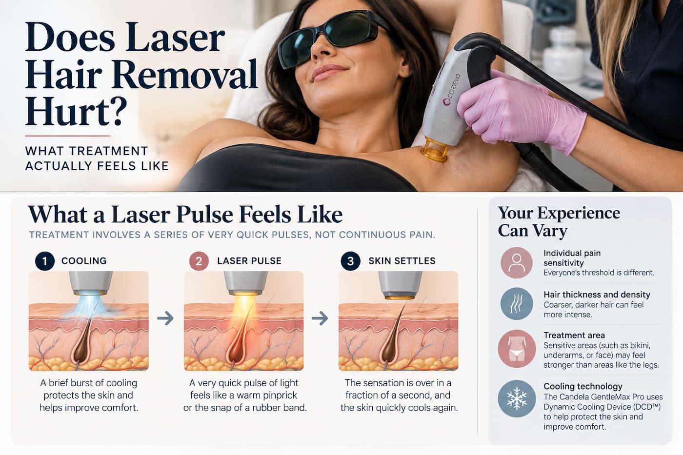 Laser hair removal infographic showing cooling, the brief laser pulse sensation, and how treatment comfort varies by area and hair thickness