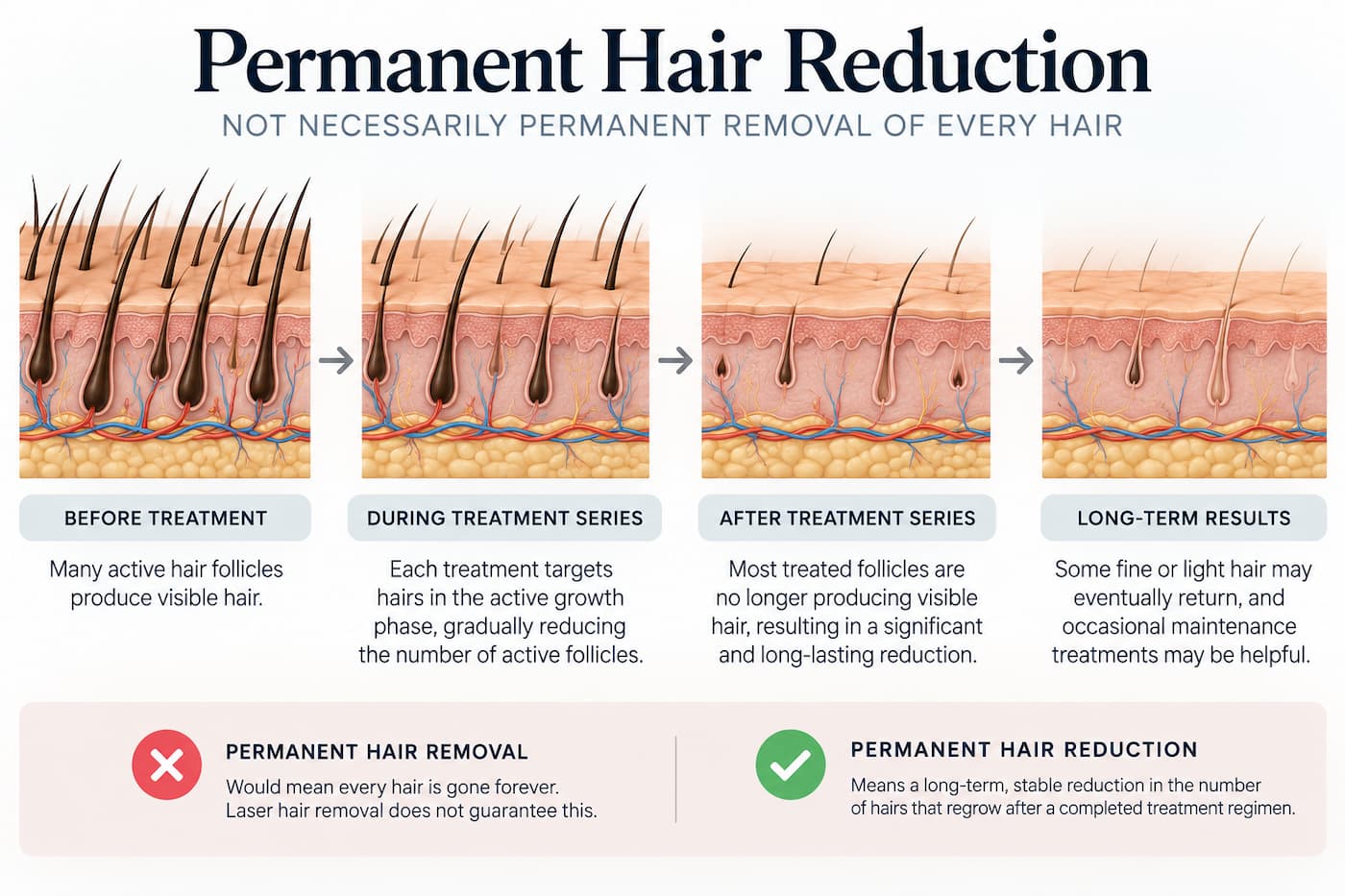 Permanent hair reduction diagram showing fewer hairs after a laser hair removal treatment series and possible fine regrowth over time
