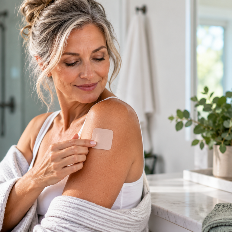 Mature woman applying an estrogen hormone replacement patch to her upper arm, illustrating transdermal estrogen therapy for menopause and perimenopause symptoms.