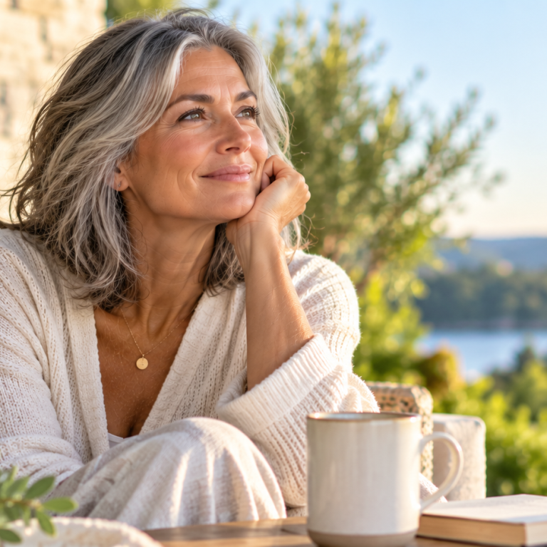 Smiling middle-aged woman with shoulder-length gray hair relaxing outdoors with a cup of coffee, representing well-being and healthy aging during perimenopause and menopause.