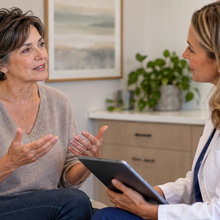 Middle-aged woman discussing her symptoms and health concerns with a female healthcare provider during a personalized hormone replacement therapy consultation.